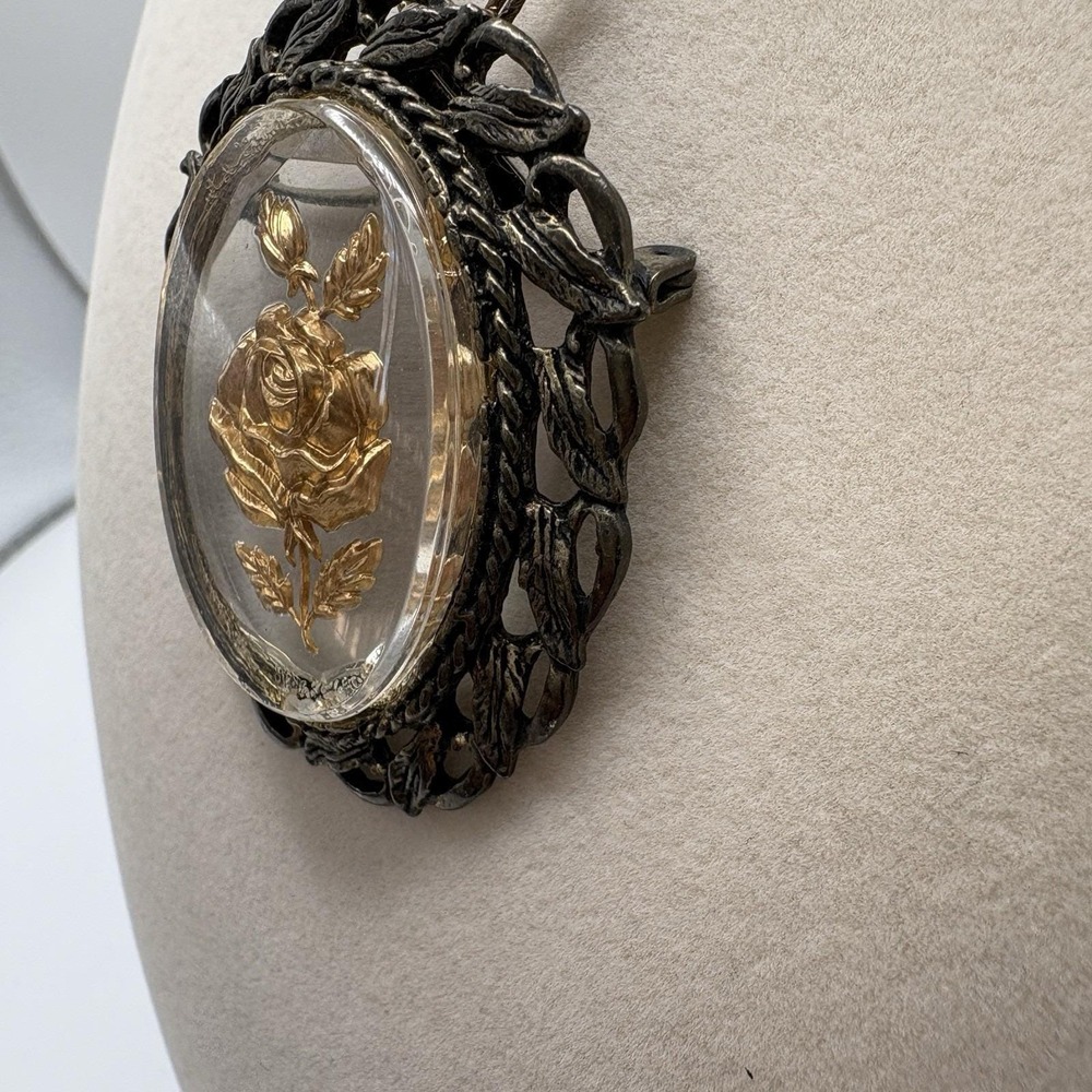 Vintage Reverse Carved Glass Floral Cameo Pendant Victorian Revival Bronze - Picture 4 of 8